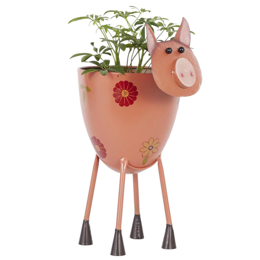 Pink Metal Pig Indoor Outdoor Planter with Floral Accents, 8" X 14" X 16"